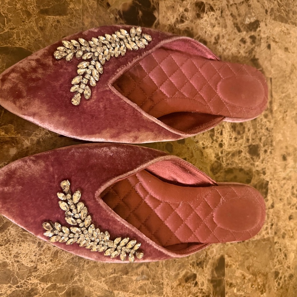 Birdies Pink Velvet Mules with Silver Embellishments